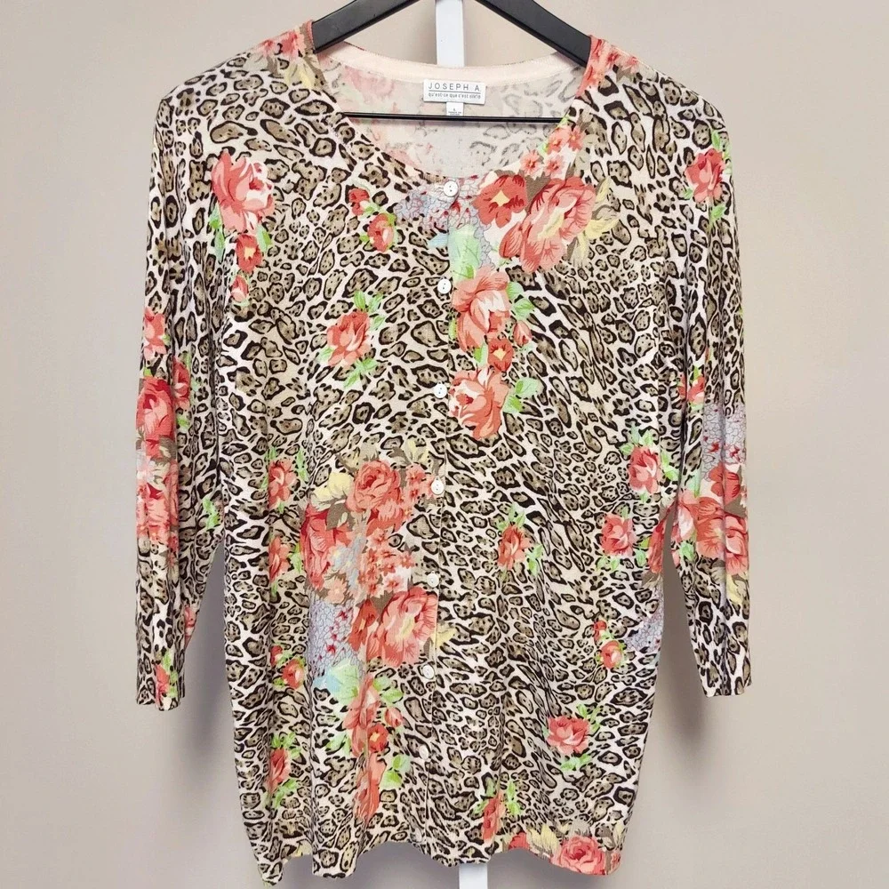 Joseph A‎ Womens Leopard Floral Cardigan Brown Pink 3/4 Sleeve Knit L Maximalist